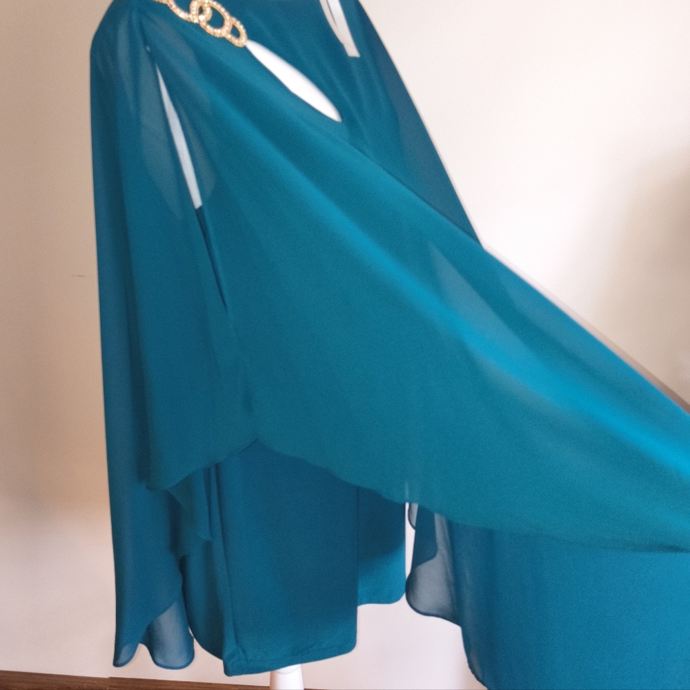 X By Xscape Teal Chiffon Popover Dress Rhinestone Trim Keyhole Size 12 Chiffon - Picture 4 of 7